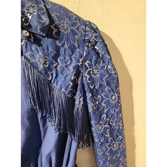 Vtg Lilia Smitty Exclusive Blue Silver Lace Fringe Lace Western Rodeo Dress 9-10 - Picture 4 of 5